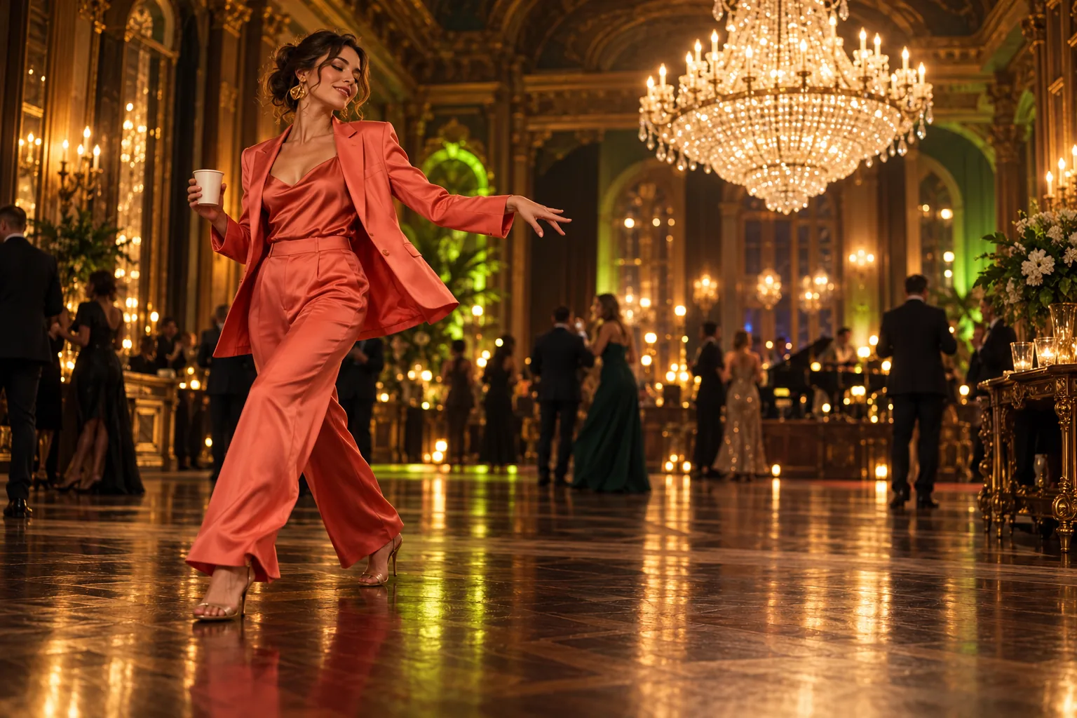 Editorial illustration of a fictional adult at a chandelier-lit party